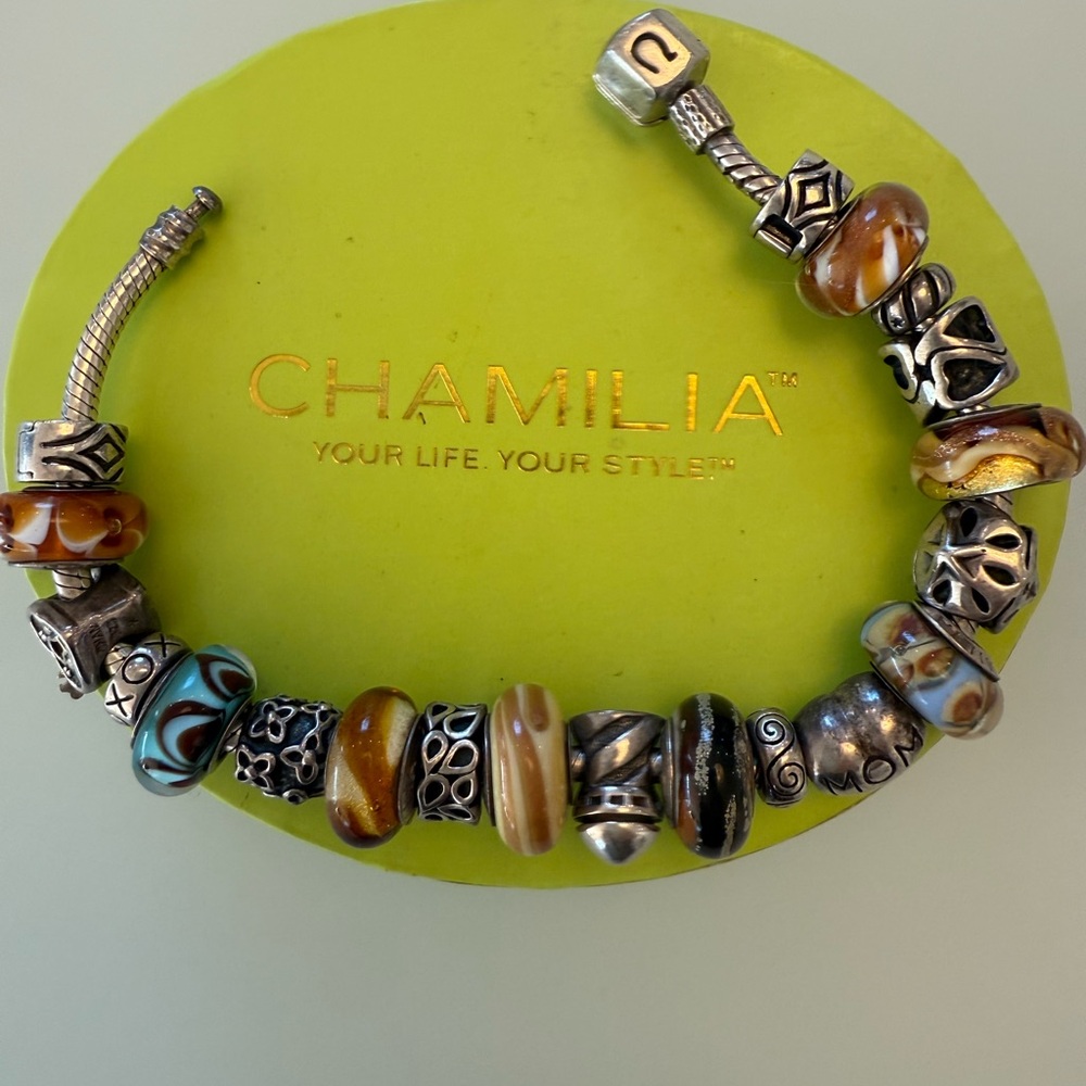 Chamilia Silver Bracelet with Brown and Blue Charms